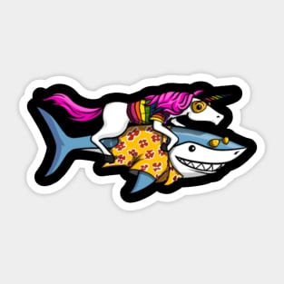 Funny Unicorn Riding Ocean Shark Sticker